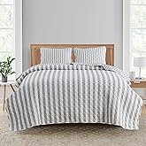 Market & Place Grey Striped Quilt Set Queen Size | Ultra Soft Lightweight Microfiber Bedspread | 3 Piece Reversible Coverlet Set for All Seasons | Avery Collection (Full/Queen, Light Grey)