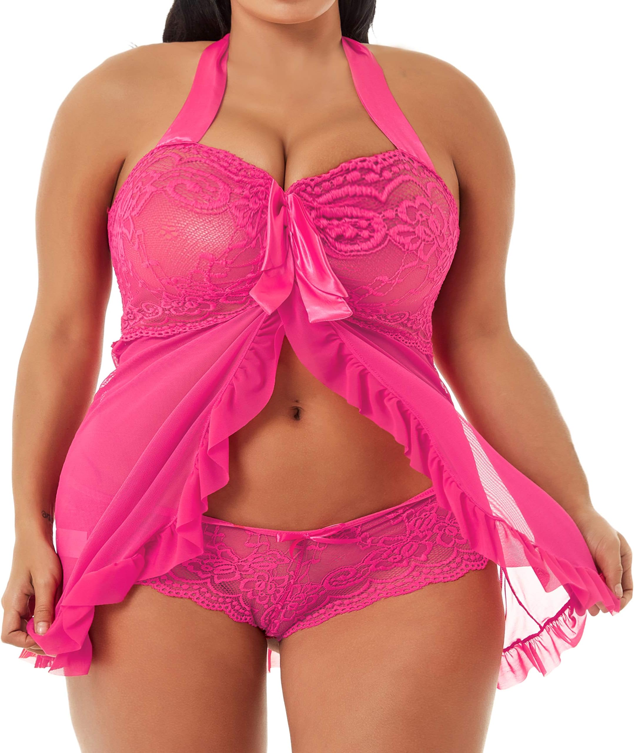 Plus Size Lingerie for Women Lace Babydoll Chemise Halter Sleepwear Nightwear(Rose Red, 2X)