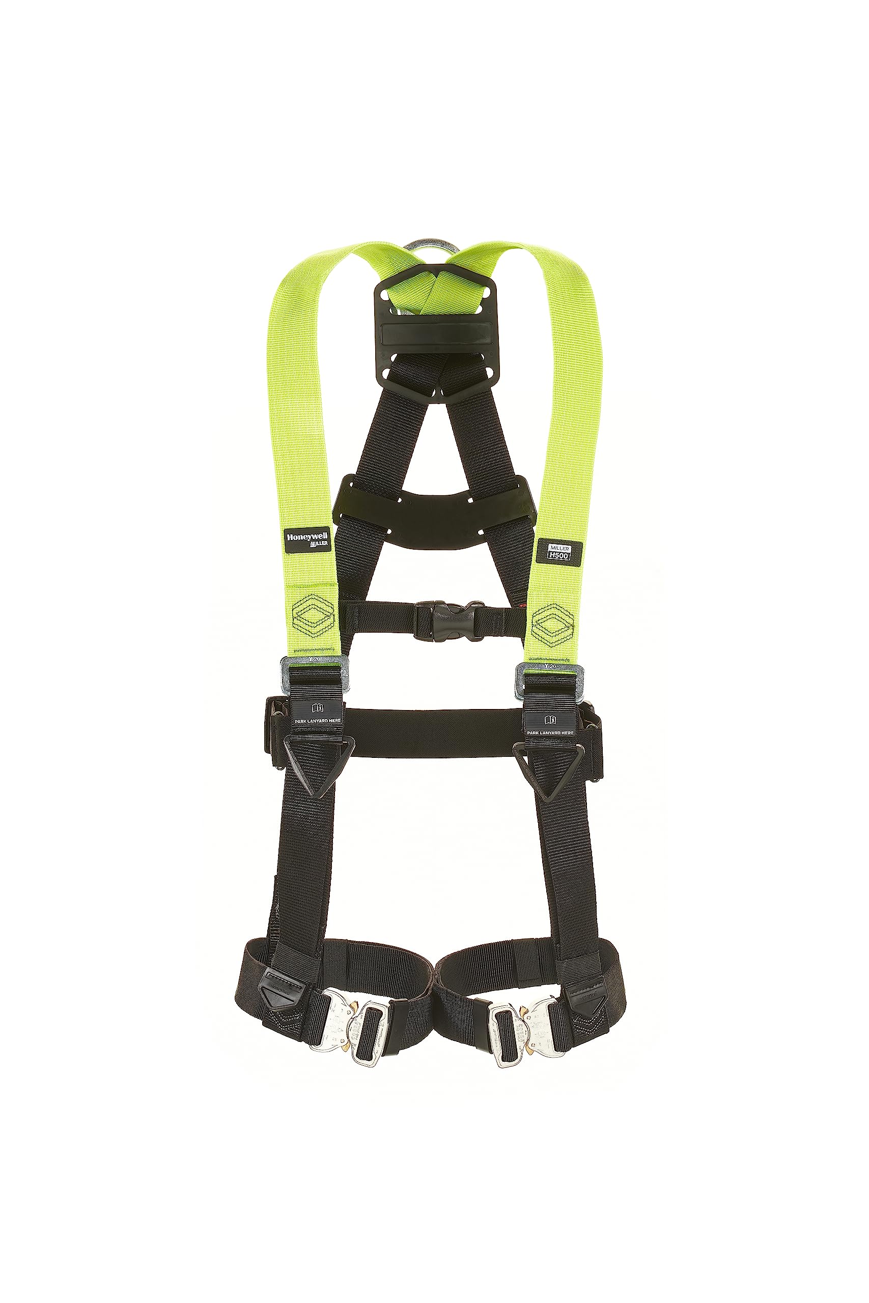 Miller H500 Full Body Construction Harness Industrial Standard IS2 Model with Auto Quick-Release Leg Buckles, Auto Clip Chest Buckles, Back D-Ring, Rated 140 Kg, Citrus Green, Size 1, 1036093