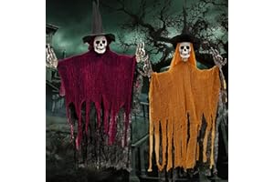 OUMUAMUA 2 Pack Halloween Decorations Outdoor Hanging Skeleton Ghost Decorations 45.6” Scary Grim Reapers with Hat for Halloween Outside Yard Haunted House Decor Skull Ghost Prop