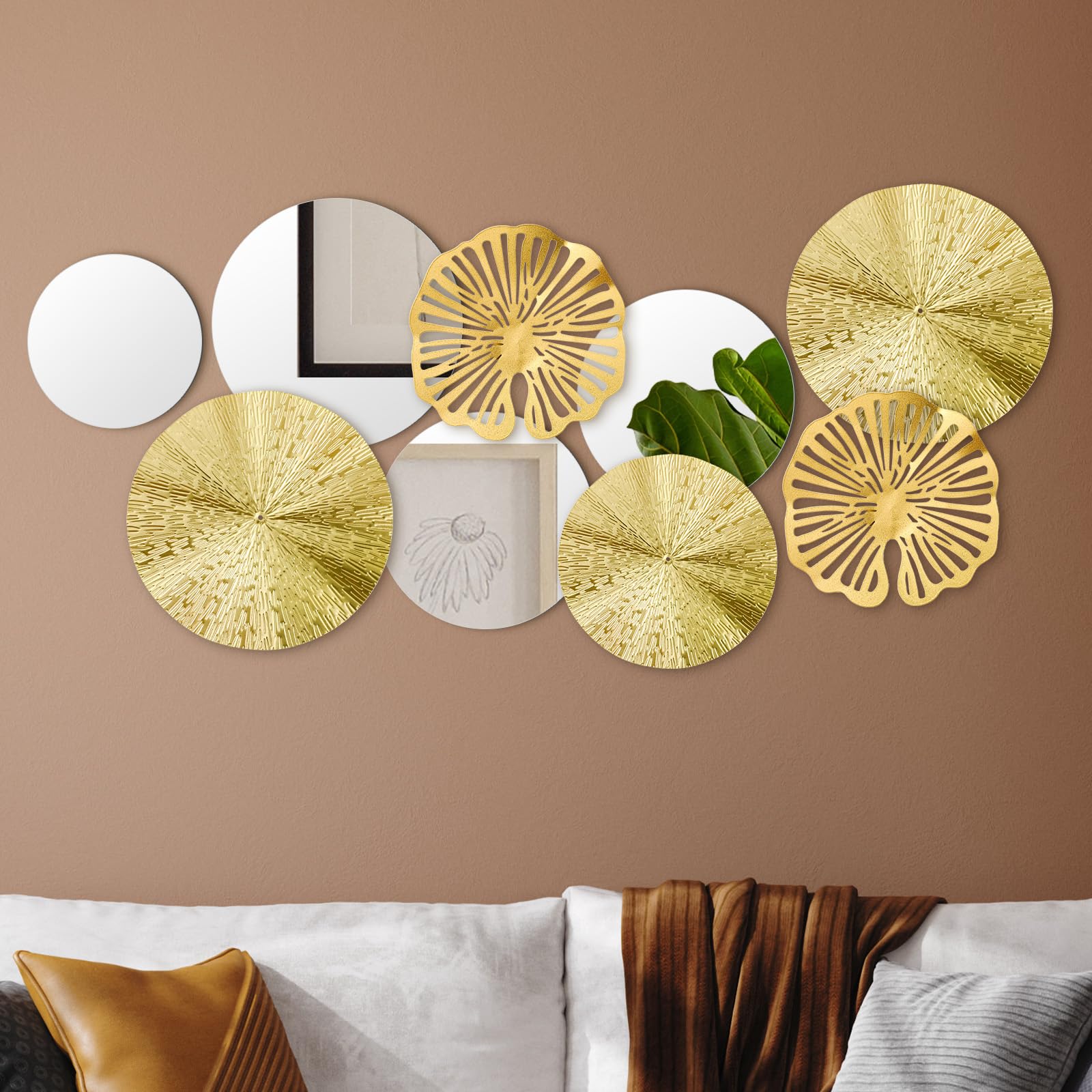 Photo 1 of ***MISSING PIECES*** Hicarer 9 Pcs Circle Mirrors Metal Home Decor Wall Decorative Modern Round Accent Wall Art Sculpture Hanging Decorations for Living Room Office Bedroom Kitchen(Gold)