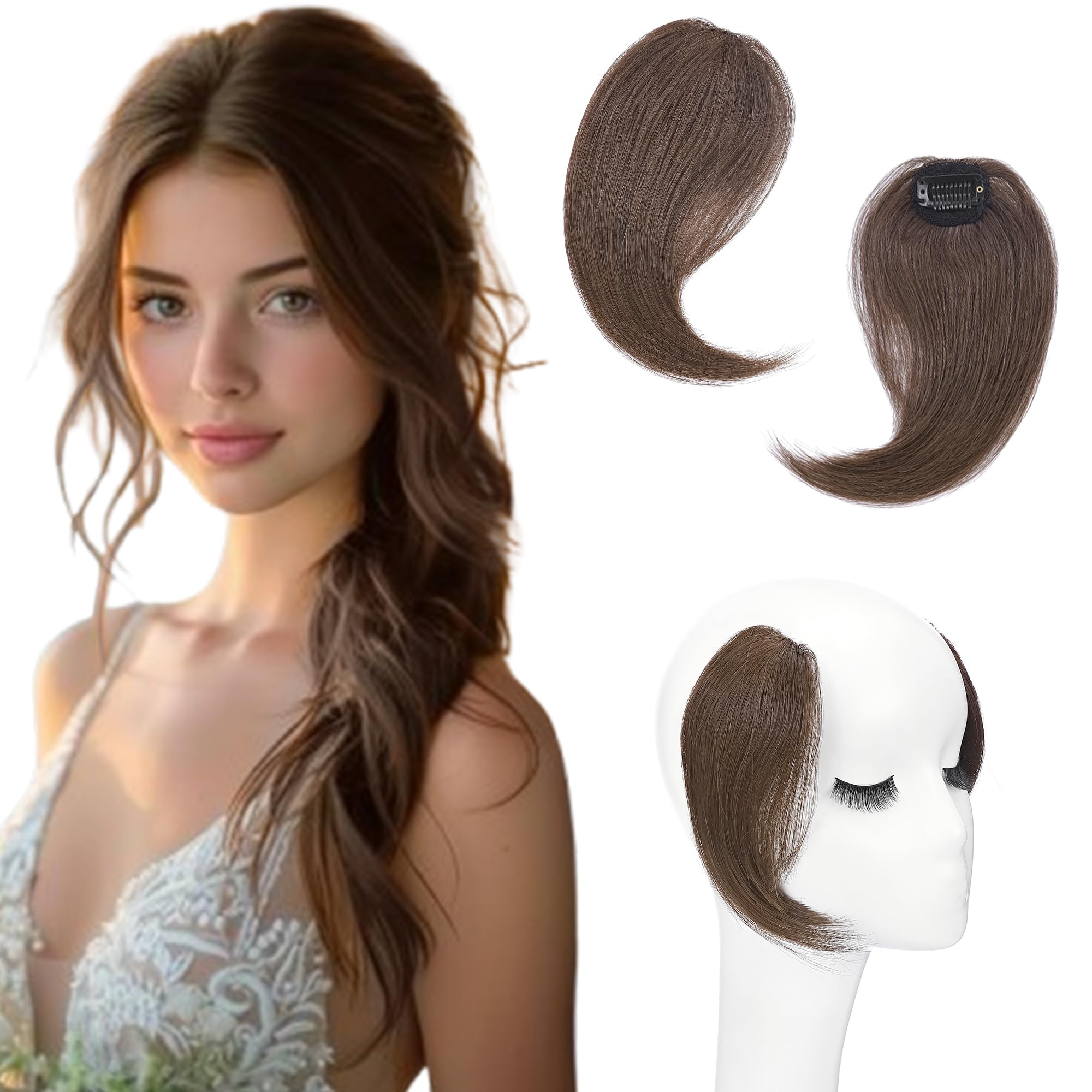 SEGO 2PCS Clip in Fringe Human Hair French Style Side Bangs [#4 Medium Brown] Real Remy Hair Pieces for Women Straight Clip-on Fringe (16g)