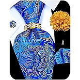 Kerfado 5PCS Tie and Pocket Square for Men, Silk Necktie and Handkerchief Cufflinks with Gold Ring and Lapel Pin Set