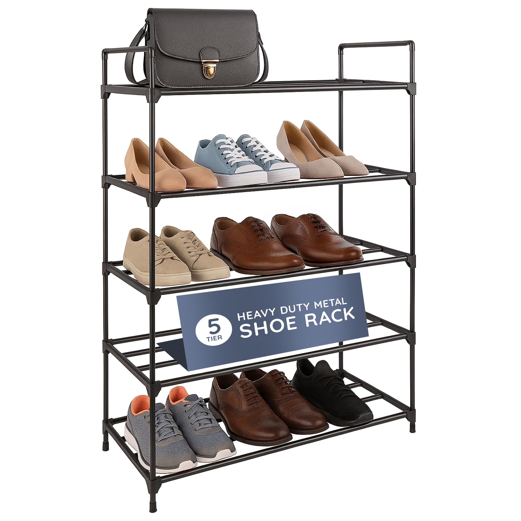 CUQOO 5 Tier Shoe Rack – Metal Shoe Organiser for Small Spaces, Space-Saving Shoe Storage Shelf for Hallway, Bedroom & Entryway, Sturdy Compact Shoes Stand for Home, Stackable Shoe Racks for Storage