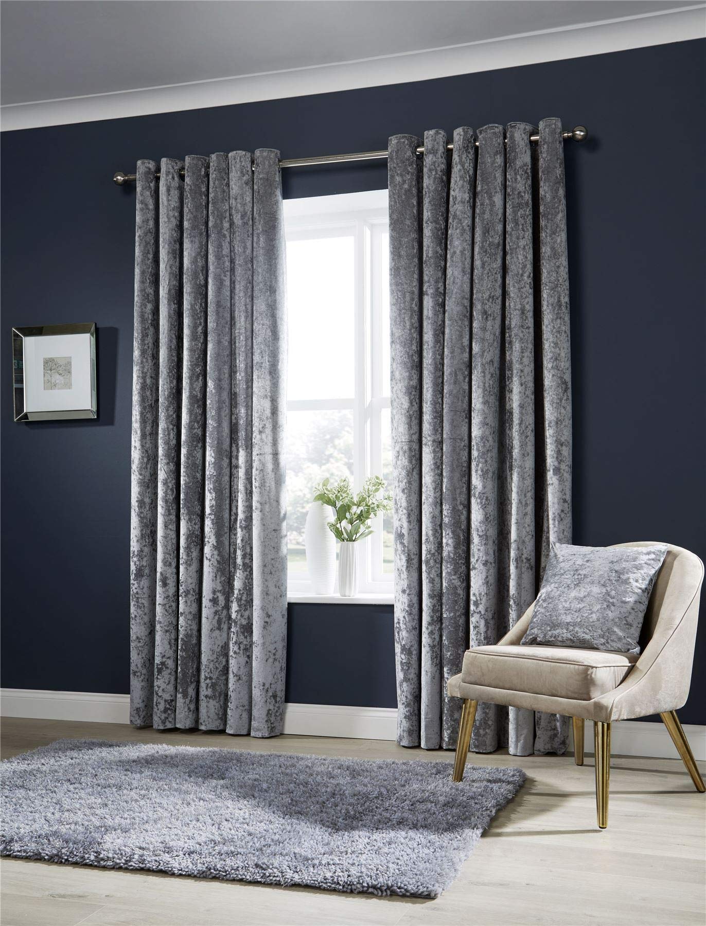 Olivia Rocco Crushed Velvet Curtains, Fully Lined Ring Top Eyelet Curtain Pair, 66" (Width) x 72" (Drop), Silver