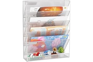 GDINDINFAN Wall File Organizer Holder Mesh Hanging Paper Document Holder, Vertical 6 Pocket Tier for Office Home, Silver