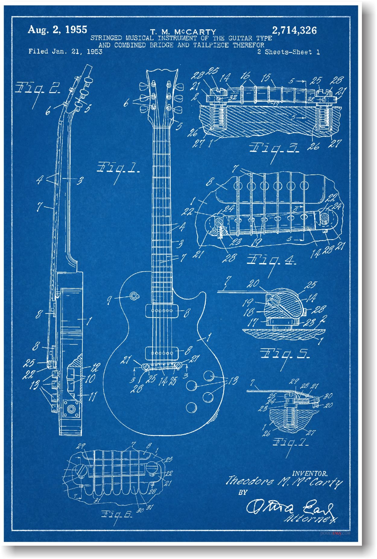 Buy Gibson Les Paul Guitar Patent NEW Famous Invention Blueprint