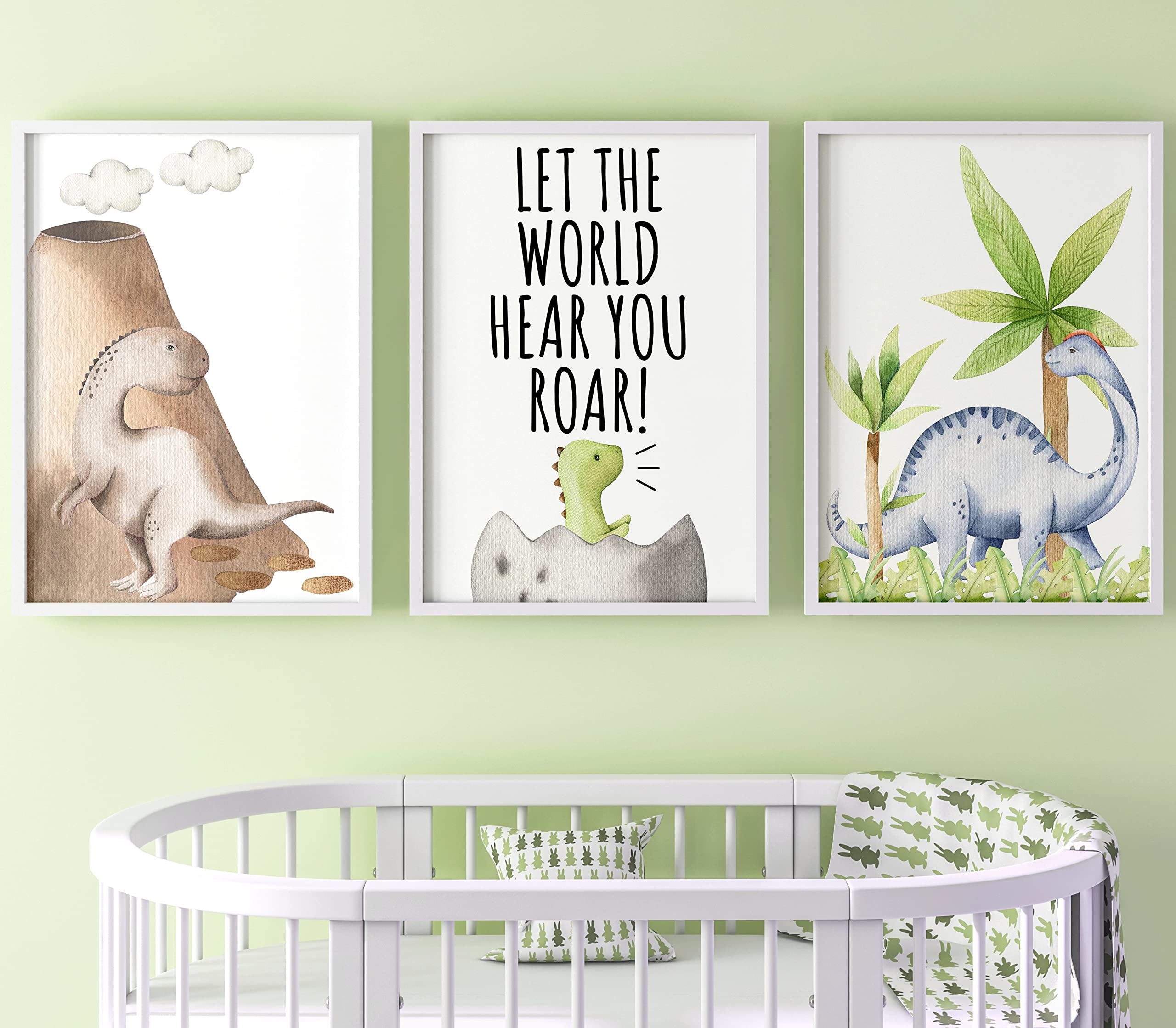 Unframed Dinosaur Poster Set of 3 for Baby Boy or Girl Nursery, Wall Art for Bedroom, Let the World Hear You Roar (A4) — image 1