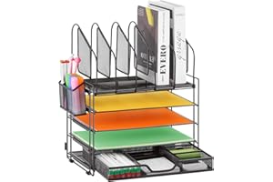 Lavatino 5 Tier Desk File Organizer, Letter Tray Paper Organizer with Pen Holders, Office Supplies Desk Accessories & Workspace with Sliding Drawers, Desk File Holder for Office, School, Home, Black