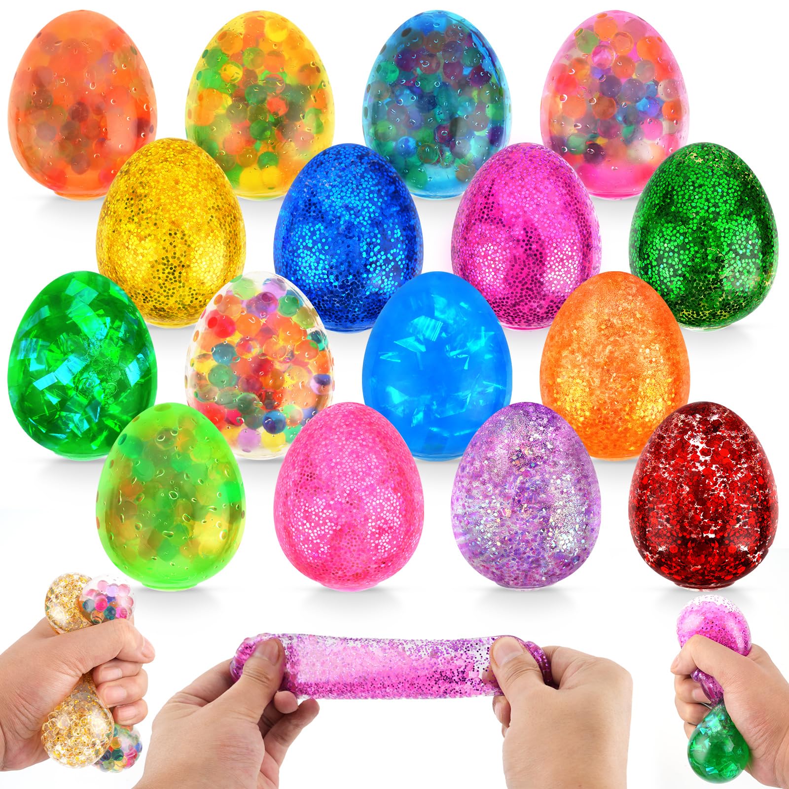 TOOYUMON 16 Pack Easter Eggs Stress Balls Squishy Squeeze Ball, Easter Basket Stuffers for Teens & Adults, Easter Eggs Stuffers for Egg Hunt