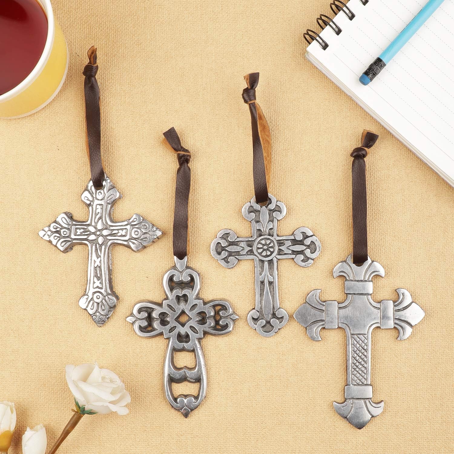 Ardour Set of 4 Small Metal Hanging Decorative Wall Crosses.Small Ornamental Crosses.Cross for Above Door.Antique Cross for Wall of Crosses, Religious Home Decor - Antique Silver Black