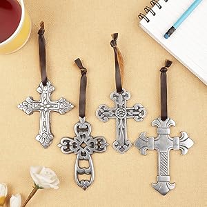 Ardour Set of 4 Small Metal Hanging Decorative Wall Crosses.Small Ornamental Crosses.Cross for Above Door.Antique Cross for Wall of Crosses, Religious Home Decor - Antique Silver Black