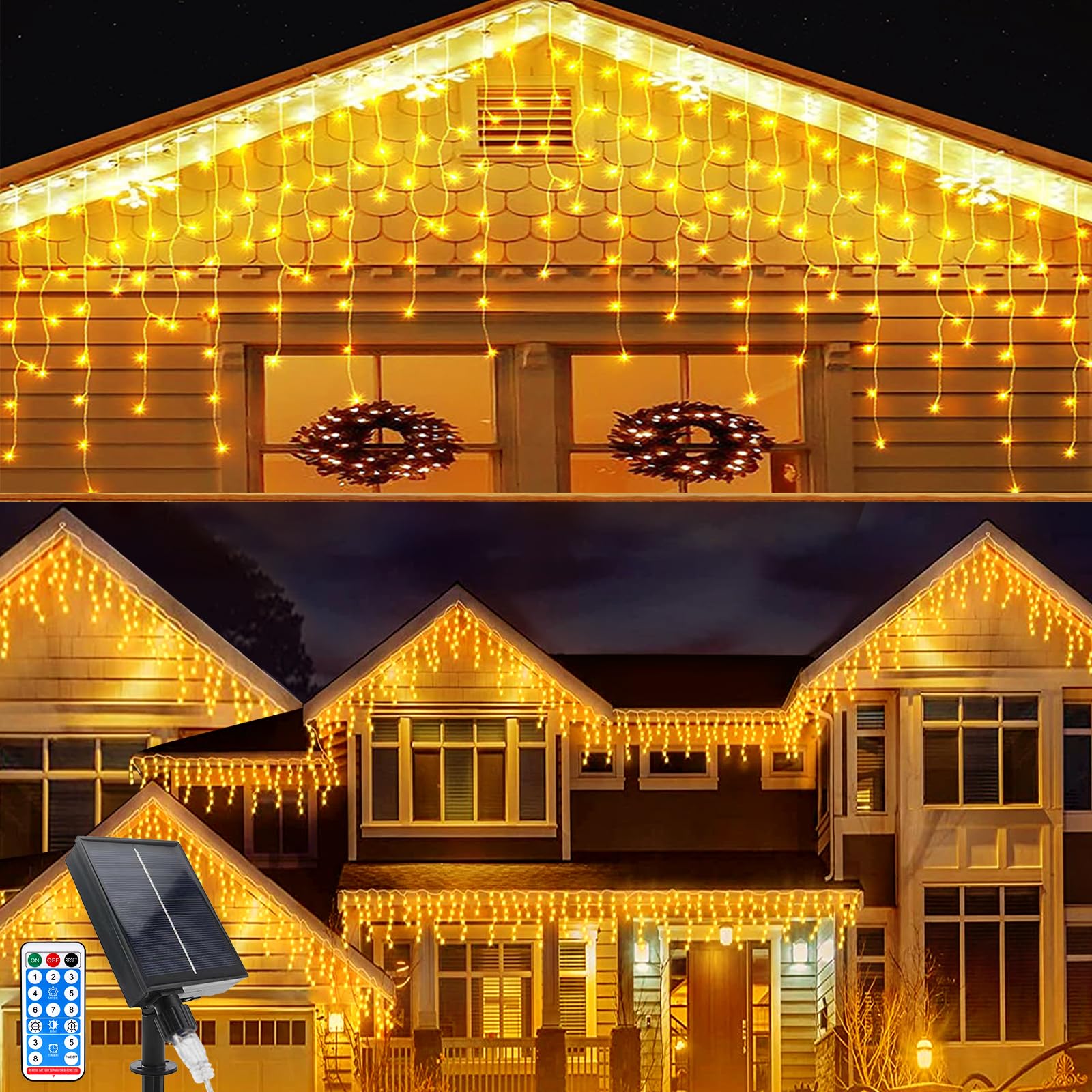 Acxilexy Solar Icicle String Lights Outdoor, 16Ft 128 LEDs Christmas Icicle Lights with 16 Drops, Remote Control, IP65 Waterproof 8 Lighting Modes Curtain Lights for Window, Xmas, Garden Decoration