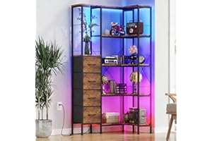 AFLUI Corner Bookshelf with LED Light Strips & 4 Fabric Drawers, 5-Tier Convertible Corner Shelf with Display Shelf, Large Wo