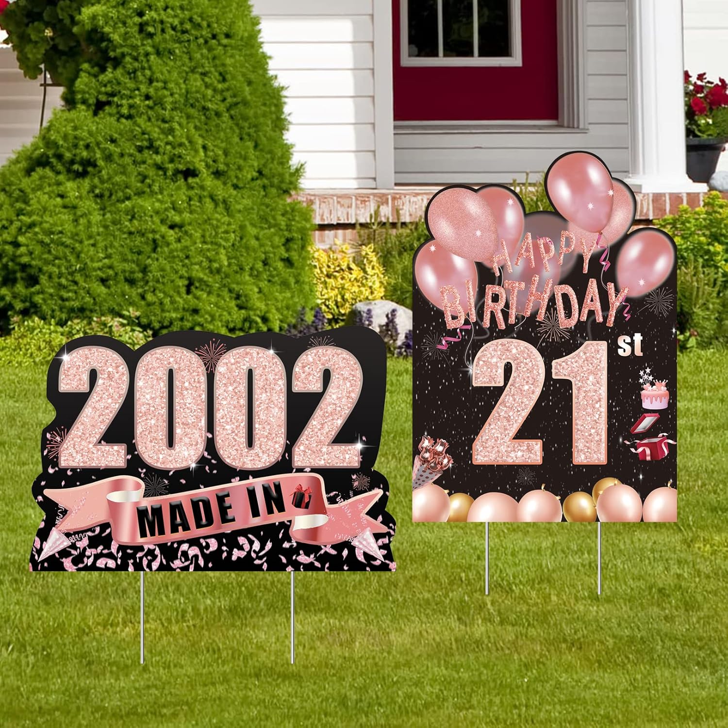 Yard Signs - 2pcs Rose Gold Sweet 21st Birthday Yard Sign Decorations For Women,21st Happy Birthday Made In 2002 Happy Birthday Yard Sign With Stakes Outdoor,21st Birthday Decorations For Her(Rose Gold - 21st)