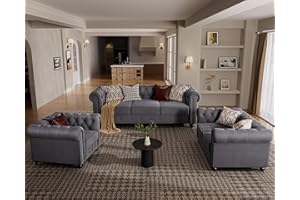 Morden Fort 3 Piece Classic Chesterfield 6-Seater Set, Tufted Chair & Loveseat & Sofa Solid Wood Legs Thick Cushion, Pet-Friendly Couch Set Furniture for Living Room Bedroom Apartment, Velvet Grey