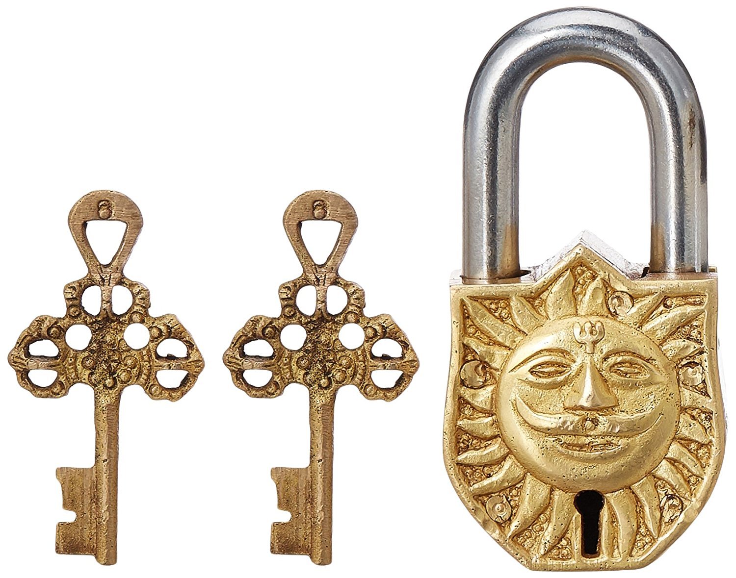 Purpledip Padlock with Surya/Sooraj Dev (Sun God) Relief Sculpted in Brass (10329)
