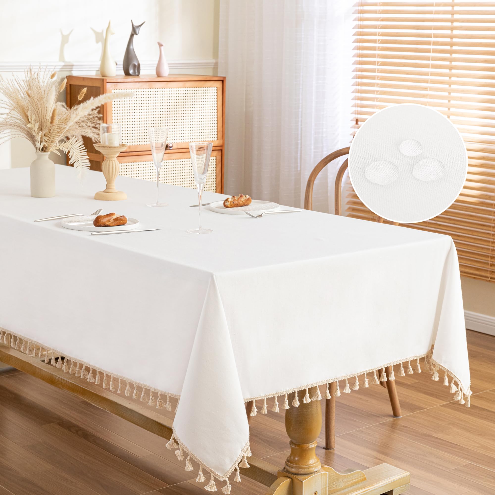 Photo 1 of MYSKY HOME White Table Cloth Rectangle, Rectangular Table Cloth, Wrinkle Resistant, Waterproof Tablecloth, Washable Farmhouse Tablecloths, Table Cloths with Tassels for Kitchen Dining, 55"X102"