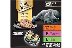 Sheba Perfect Portions Wet Cat Food Cuts in Gravy, Roasted Chicken Entree, with Sustainable Salmon, Tender Turkey Entree, 2.6