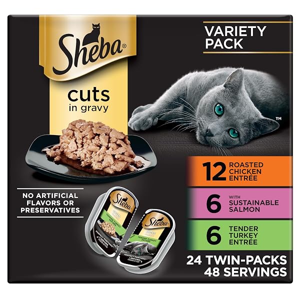 SHEBA PERFECT PORTIONS WET CAT FOOD CUTS IN GRAVY, CAT FOOD WET RECIPE, ROASTED CHICKEN ENTREE, WITH SUSTAINABLE SALMON, TENDER TURKEY ENTREE, 2.6 OZ. TWIN-PACK TRAYS (24 COUNT, 48 SERVINGS)