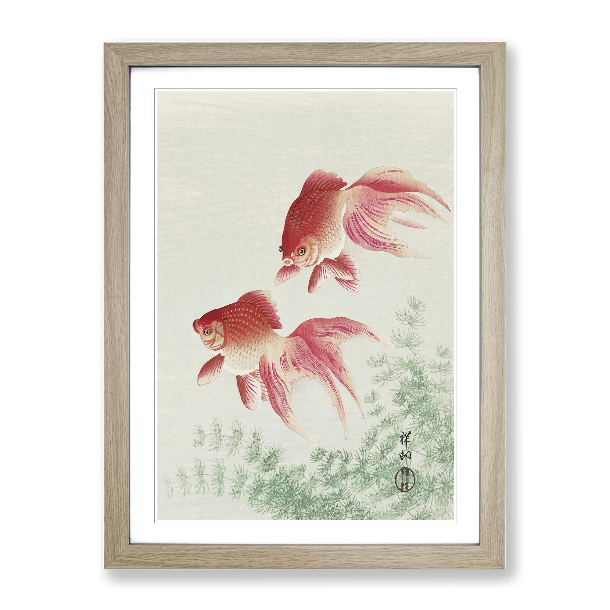 Two Veil Goldfish By Ohara Koson Asian Japanese Framed Wall Art Print, Ready to Hang Picture for Living Room Bedroom Home Office Décor, Oak A4 (34 x 25 cm)