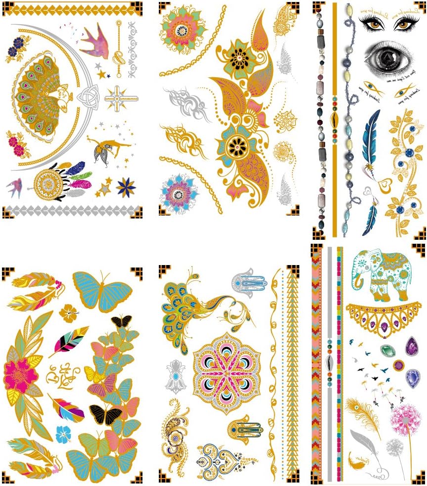 Atia Premium Metallic Temporary Tattoos - 75+ Designs in Gold & Silver Fake Tattoos - Shimmer Jewelry Henna Tattoo - Wrist & Arm Bands Tattoo Temporary, (10 Pattern Options)