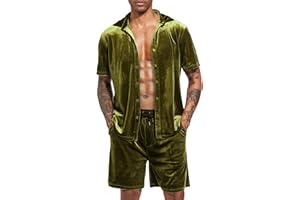 LecGee Men Summer Casual Short Sets Velvet Short Sleeve Button Down Shirt Elastic Waist Shorts 2 Piece Outfits Tracksuit