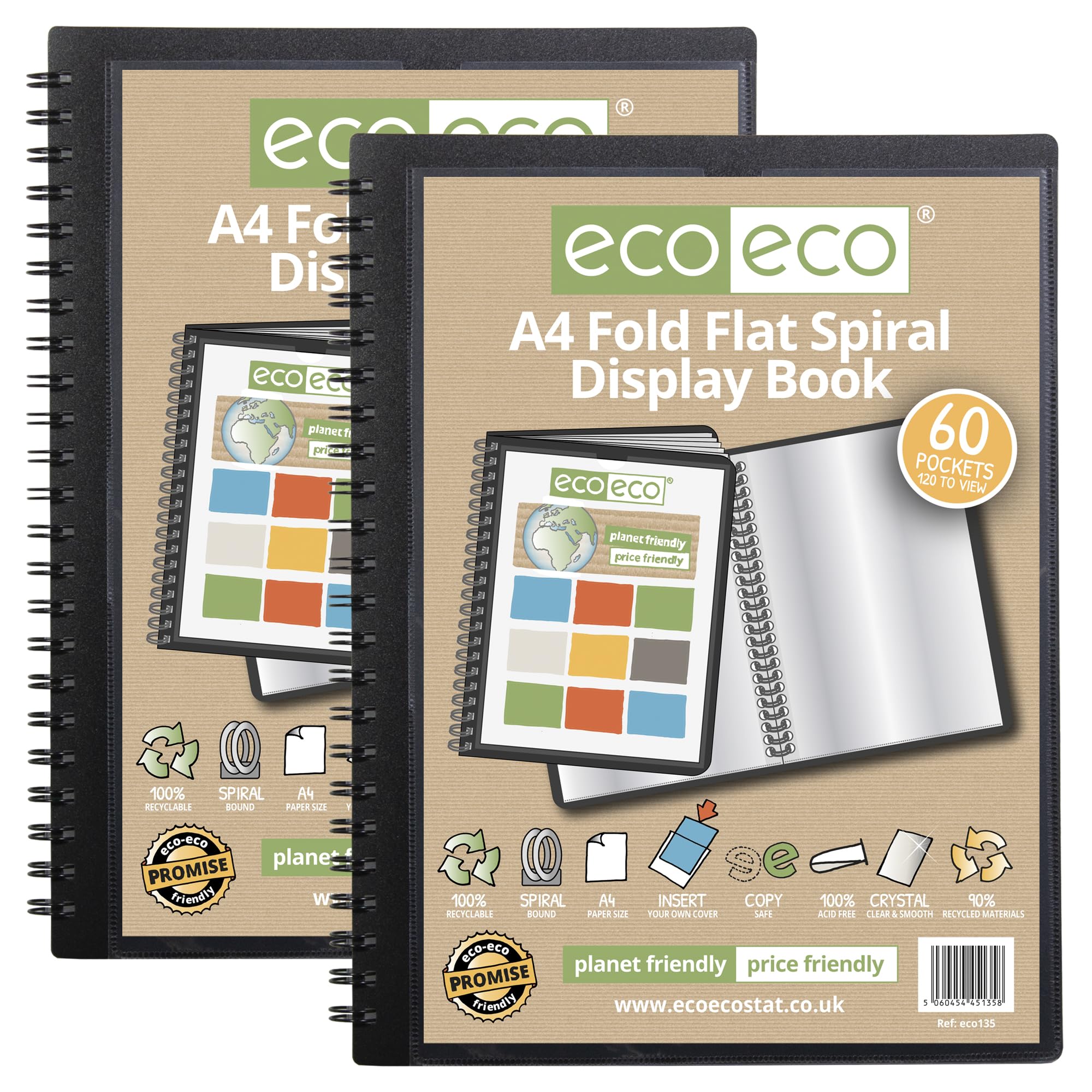 eco-eco A4 50% Recycled 60 Pocket Fold Flat Spiral Bound Display Book, Pack of 2, eco135x2