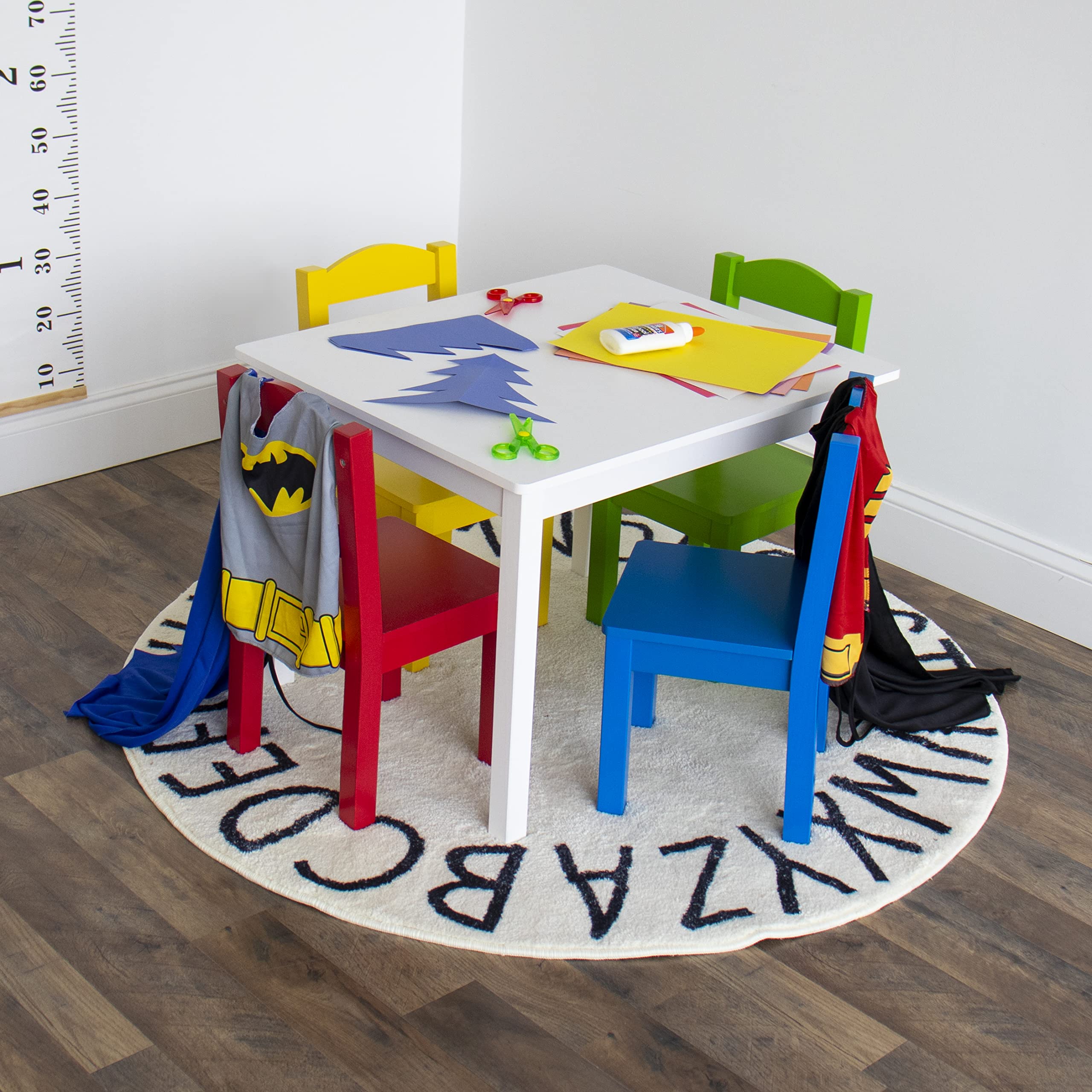 Humble Crew, White/Primary Kids Wood Table and 4 Chairs Set