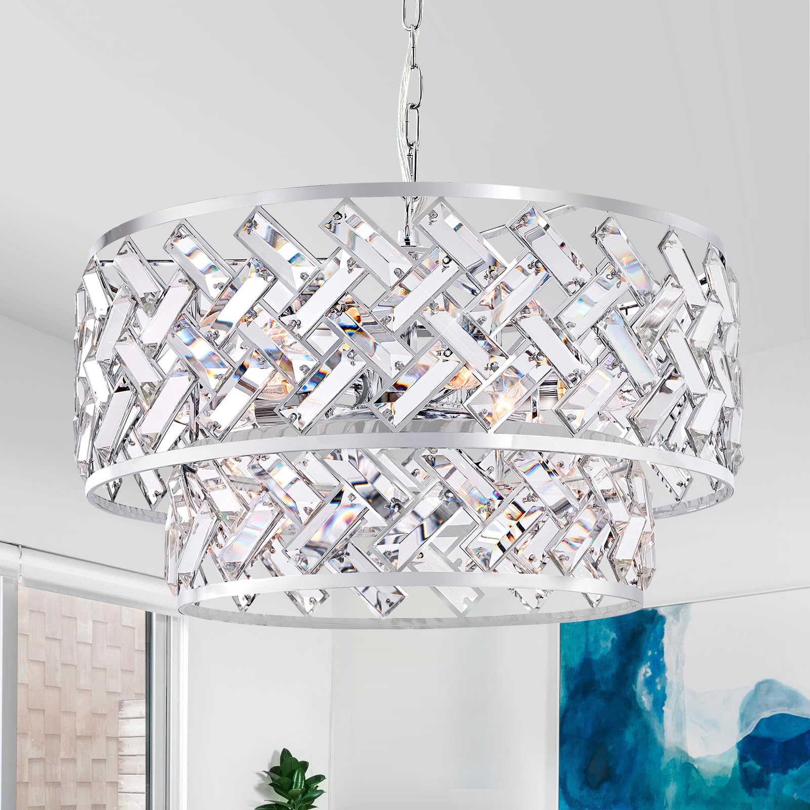Photo 1 of 20'' Modern 6-Light Chrome Crystal Pendant Chandelier, Luxury Round Semi Flush Mount Ceiling Light for Living Room, Dining Room, Kitchen, Foyer, Bedroom