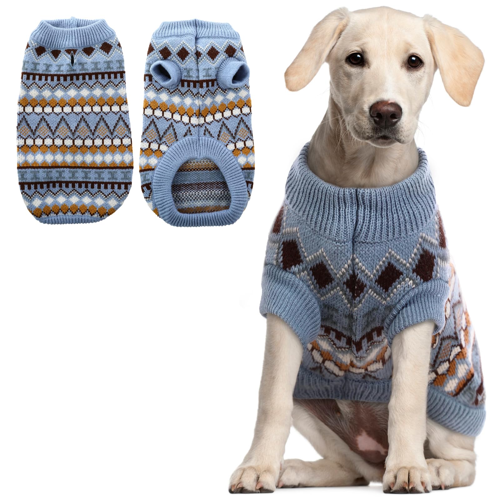 Hjumarayan Dog Jumper - Boho Dog Jumpers Small Medium Large, Knitted Christmas Sweater with Harness Hole, Thick Warm Winter Clothes for French Bulldog, Cocker Spaniel, Blue XL