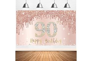 BUMQVIY Happy 90th Birthday Banner Backdrop Decorations for Women, Rose Gold 90 Birthday Party Sign Supplies, Pink 90 Year Old Birthday Poster Background Photo Booth Props Decor