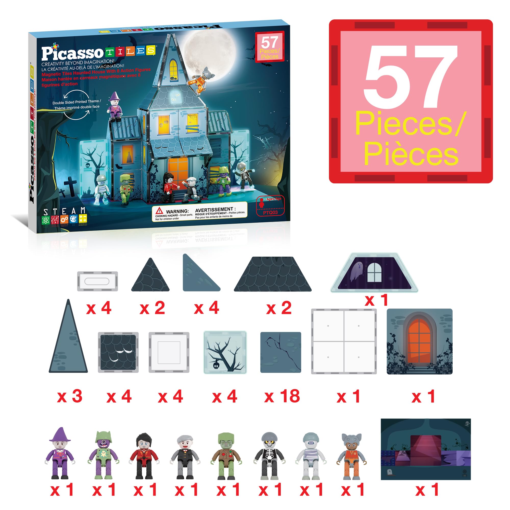 PicassoTiles Haunted House Theme Magnet Tile Building Blocks 8 Action Figures Magnetic Construction Toy Double Sided Printing Education STEM Learning Playset Halloween Adventure Kid Ages 3+ PTQ03