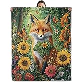 wyxdwh Forest Fox & Flowers Blanket, Cozy Flannel Charming Woodland Foxes Throw Blanket for Couch Outdoor, Plush Soft Lightweight Travel Blankets for Bed Decor and Gifts, for Women Adults Kids 50"x60"