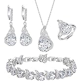 EVER FAITH Wedding Jewelry Set for Bride Bridesmaid, Glamour Teardrop Cubic Zirconia Pendant Necklace Earrings Tennis Bracelet Open Ring Sets for Birthday/Valentine's Day/Mother's Day/Christmas