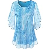 SeSe Code Womens Ruffle 3/4 Sleeve Mesh Blouses Loose Flowy Tops Stretchy Shirts
