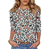 LOMON 3/4 Length Sleeve Womens Tops Spring Summer Fashion 2026 Tops Crew Neck Pleated Shirts Tunic Top Loose Fit