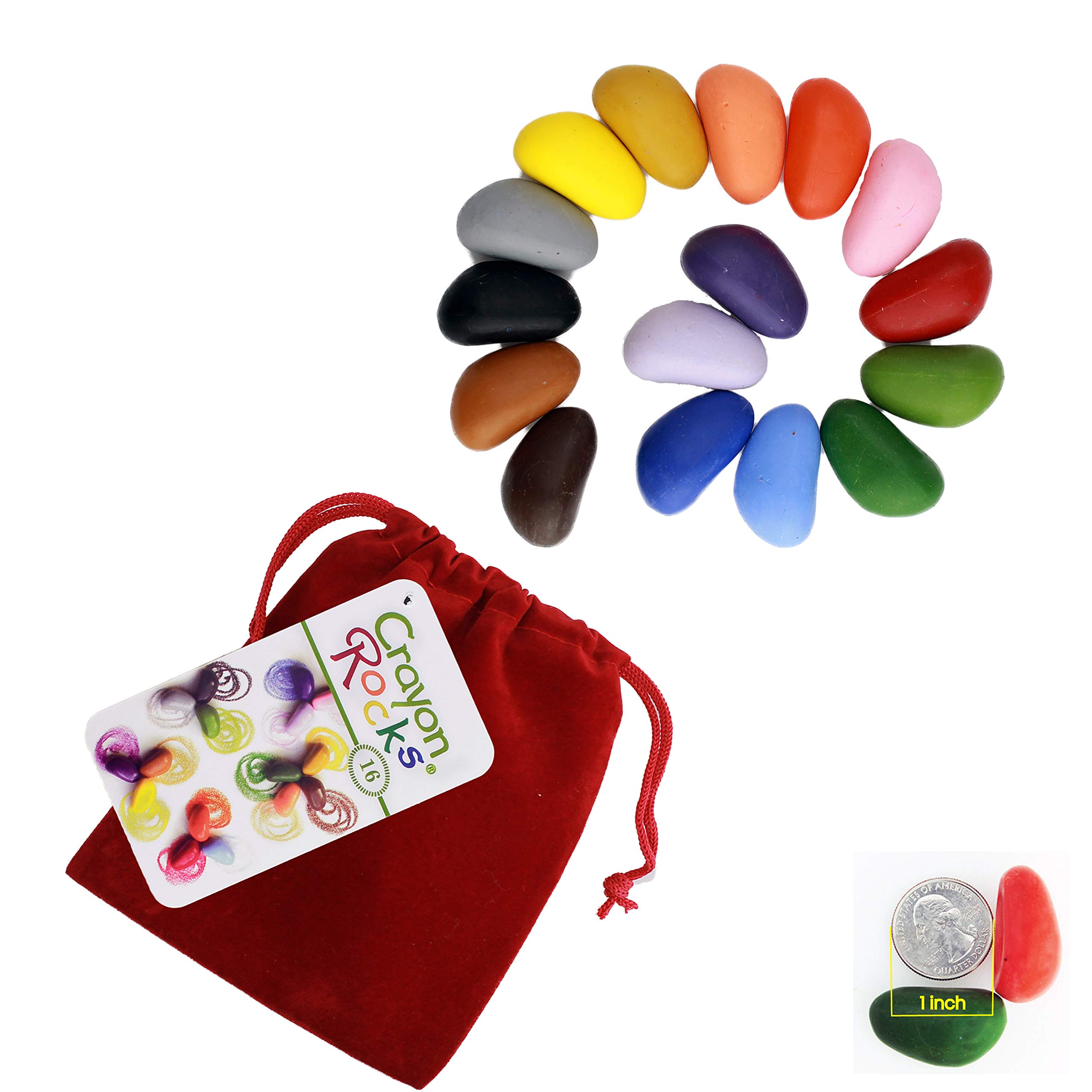 Crayon Rocks - Non-toxic children's soy wax crayons [stimulating pen grip] - durable ecological chalk in a red velvet bag - 16 natural washable colors - drawing on paper and fabric for kids