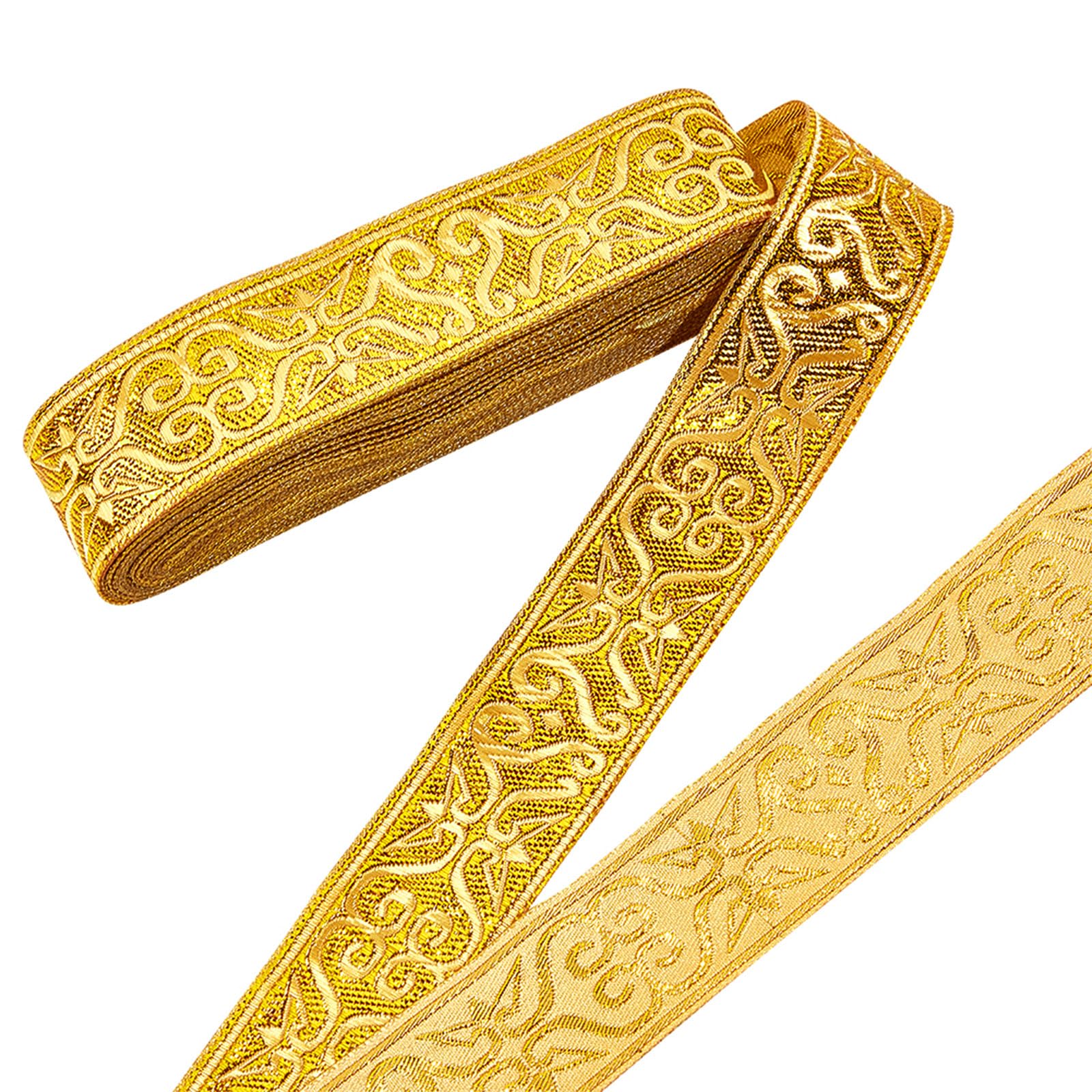 NBEADS 7.7 Yards Gold Jacquard Ribbon Trim, 3.3cm Wide Boho Woven Trim Ethnic Floral Ribbon Embroidery Polyester Flat Ribbon for DIY Craft Clothing Accessories Decorations