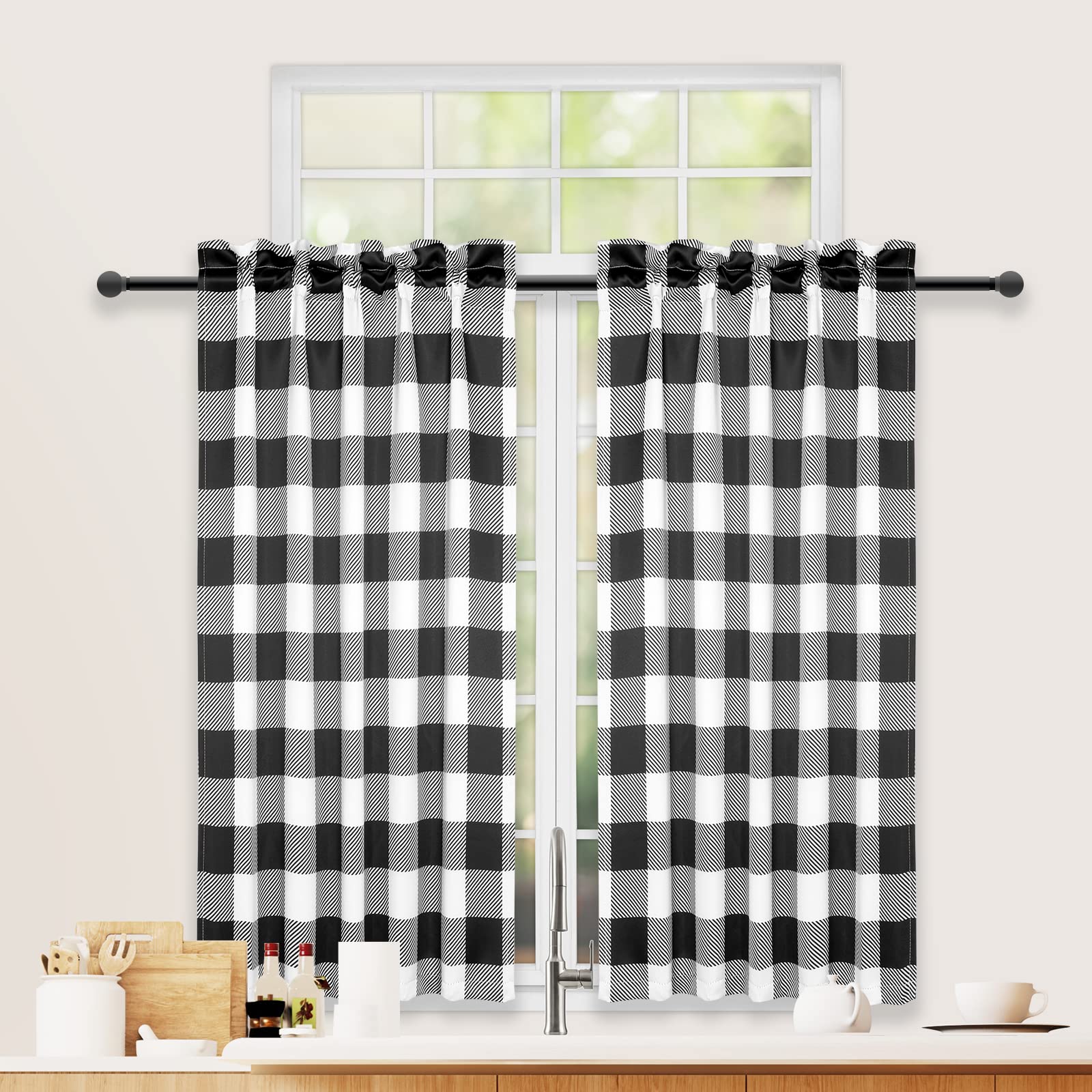 Simple Deluxe Buffalo Plaid Check Kitchen Tier Curtains, Short Small Window Gingham Curtain for Cafe, Bathroom, Kitchen Rod Pocket Curtains, 26'' W x 36'' L, Black and White