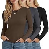 Velvelhall 3 Pack Women's Long Sleeve Shirts Ribbed Cotton Slim Fit Crew Neck Tops Layering Lettuce Trim Basic Tee Winter