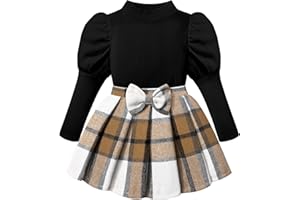 BAVADER Girls Clothes Skirt Set Cute Puff Sleeve Top + Bow Plaid Pleated Skirt 2PCS Fall Winter Outfits Toddler Girl Clothes