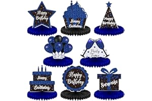 Yexiya 8 Pcs Blue and Black Birthday Centerpiece Table Decoration, Happy Birthday Honeycomb Centerpieces Honeycomb Table Toppers for Men Women Party Supplies