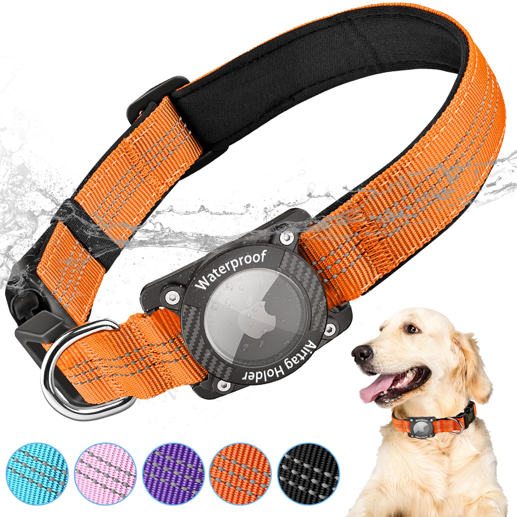 LZXLXS AirTag Dog Collar, IPX8 Waterproof Air Tag Dog Collar Holder, Luminous, Reflective, Durable, Comfortable Padded GPS Collars for Small Medium Large Dogs, Orange, XL