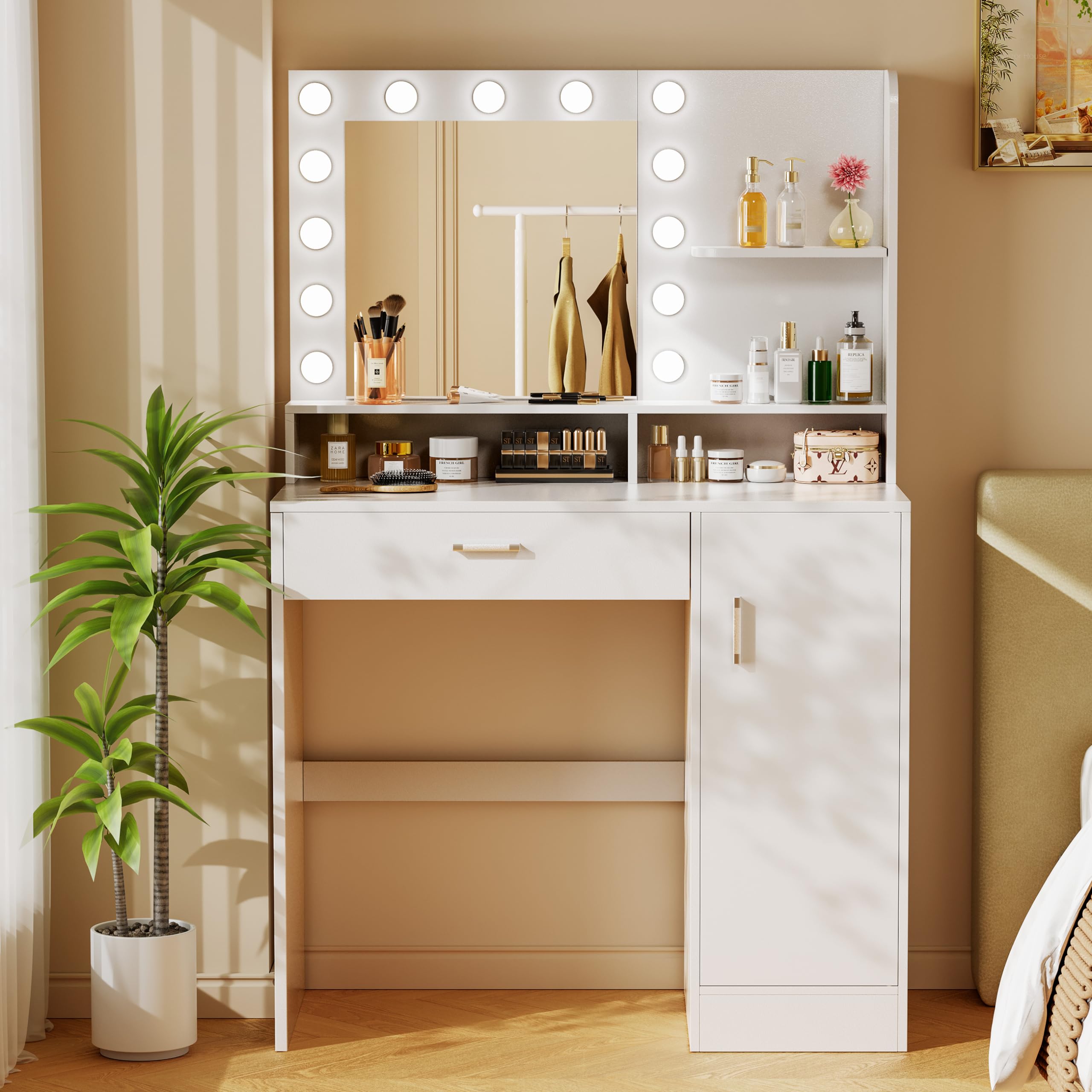 Photo 1 of Decofy Vanity Desk with Mirror and Lights, Makeup Vanity with Drawers & Cabinet, 3 Lighting Modes & 10 Brightness Levels, White Vanity for Bedroom & Dressing Room