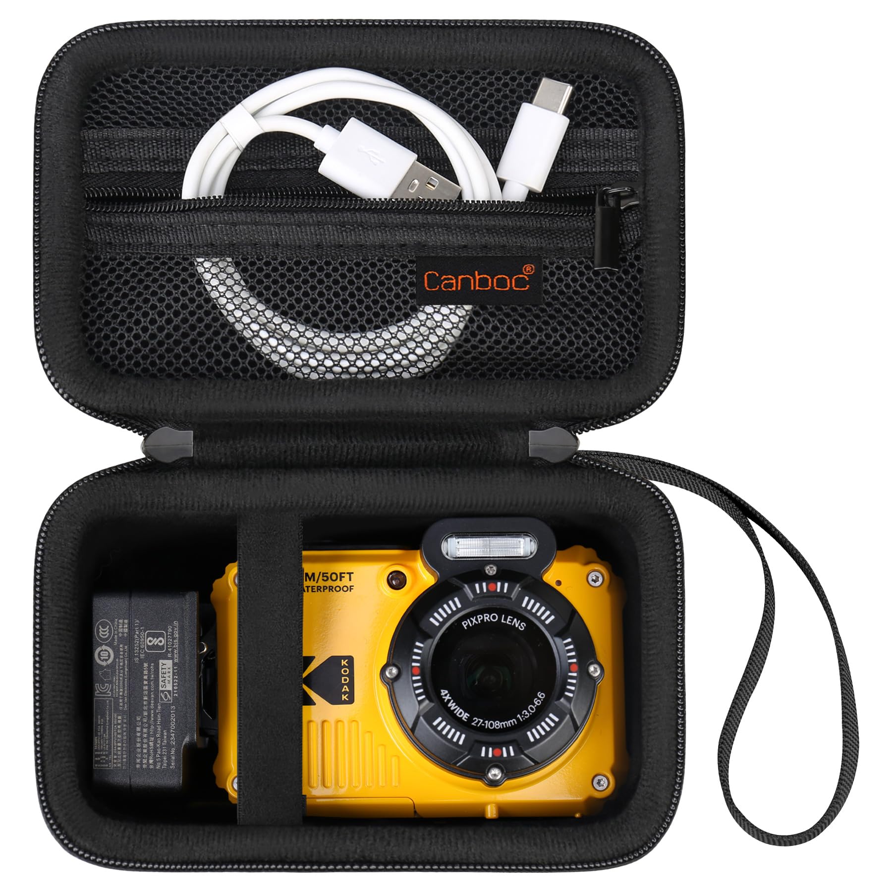 Canboc Carrying Travel Case for KODAK PIXPRO WPZ2 Rugged Waterproof Digital Camera, Underwater Photography Camera Bag, Zipper Mesh Pocket fits USB Cable, Battery, Adapter, Black (Case Only)