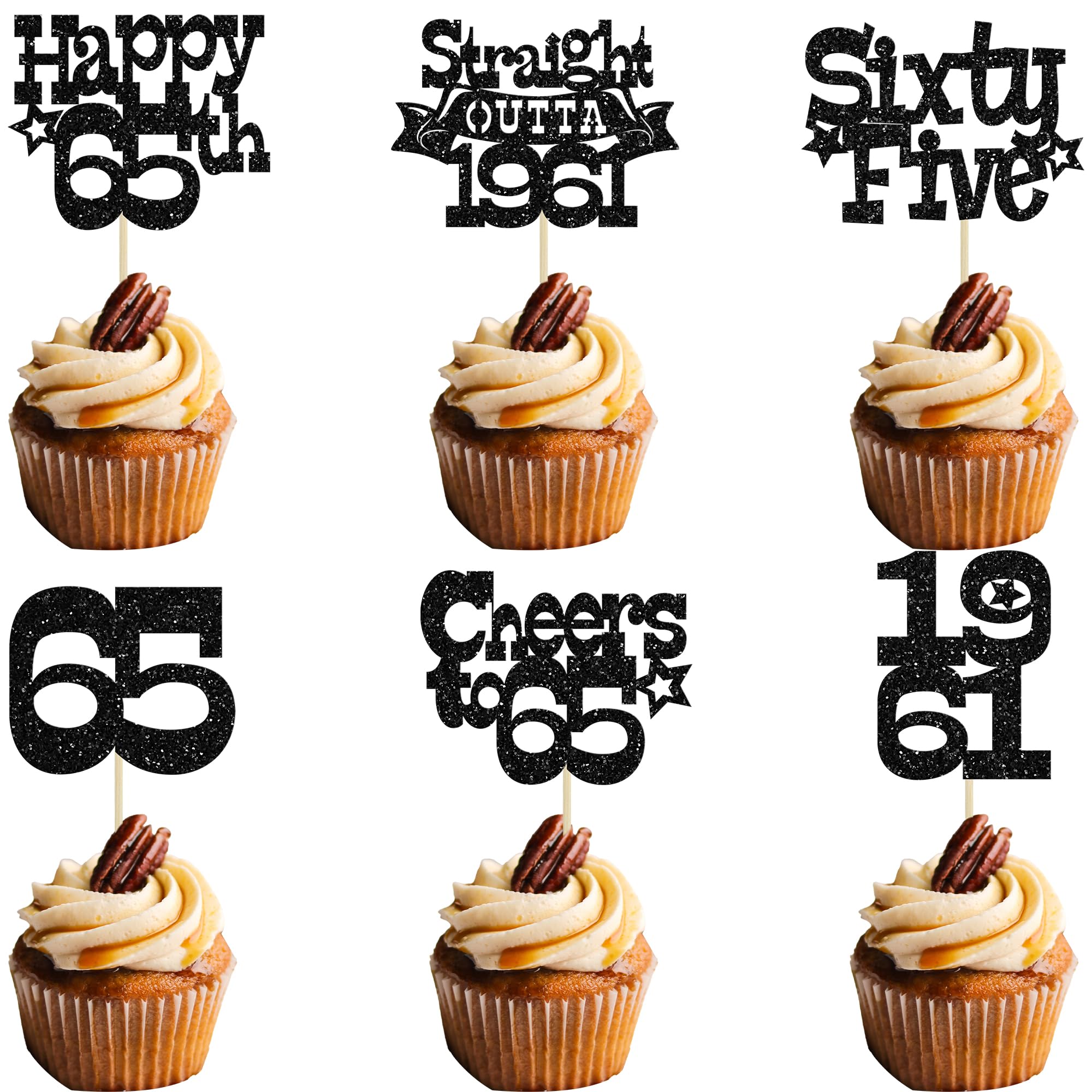 Ephlyn 30Pcs Straight Outta 1961 Cupcake Toppers Glitter Sixty Five Happy 65th Birthday Cupcake Picks Cheers to 65 Years Cake Decorations for Happy 65th Birthday Anniversary Party Supplies Black