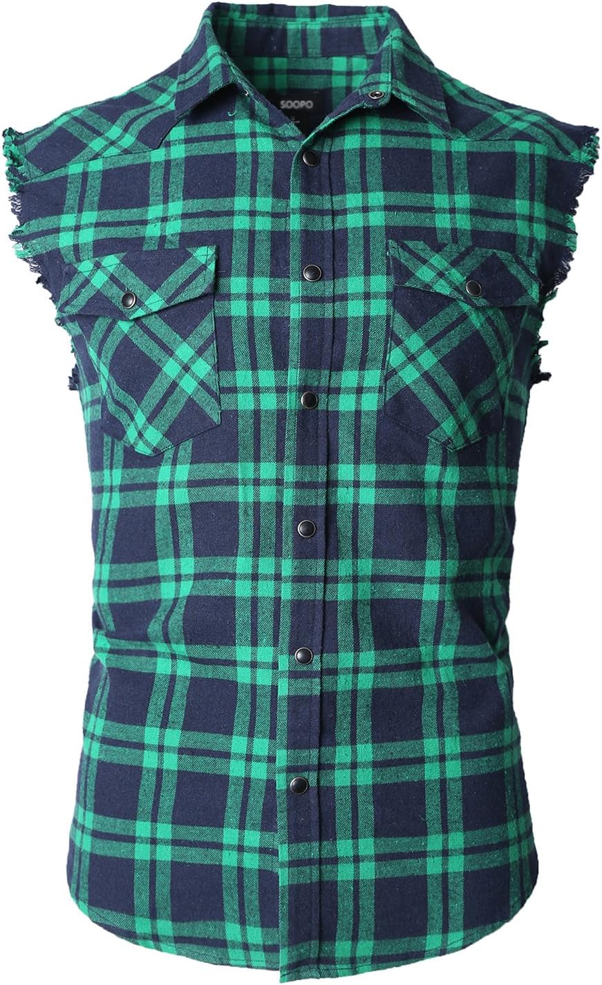 SOOPO Men's Casual Sleeveless Flannel Plaid Shirt Cotton T-Shirt Vest Plus Size Navy&green 3XL