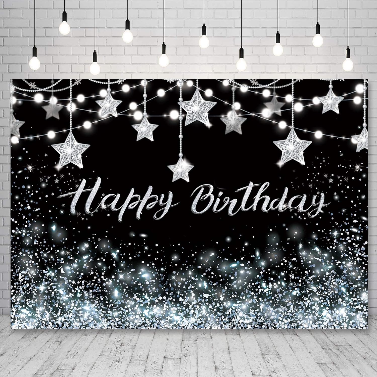 Miktwe 7X5ft Polyester Happy Birthday Backdrop Black Silver Backdrop