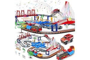 Cusocue Train Car Sets for Toddlers, Train Track Set with LED Bridge, Electric Car and Train Sets Toys for Boys 3 4 5 6 7 8 9 10 11 12 Year Old Kids, Train Toy Machine Kids Christmas Birthday Gifts